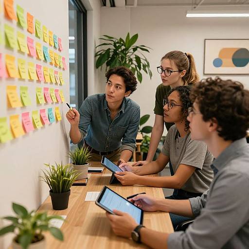 Photograph of four diverse young professionals in a brightly lit office, discussing colorful sticky notes on a wall, using tablets.
