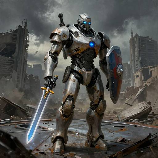 Digital art of a silver and black robotic warrior with glowing blue eyes, holding a glowing sword and shield, standing in a ruined, cloudy, futuristic city