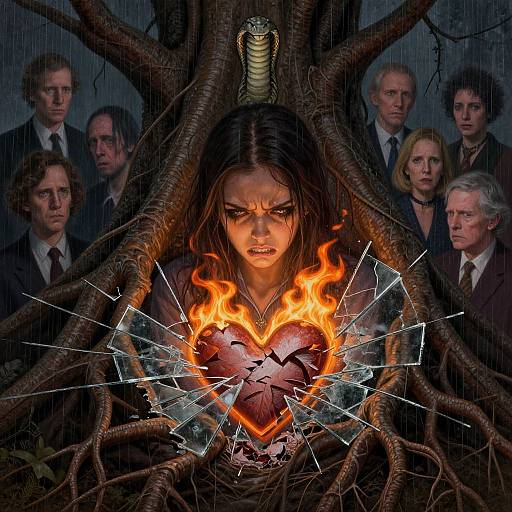 Photograph-style CGI: Anguished woman with burning heart, surrounded by tree roots, glass shattering around her chest, surrounded by serious-faced men
