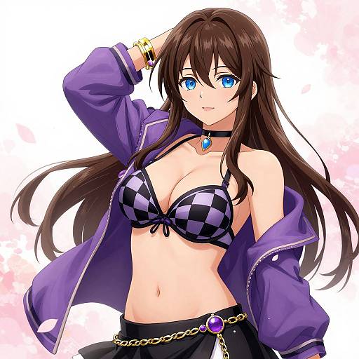 Anime-style digital drawing of a blue-eyed, brown-haired woman with long hair, wearing a purple checkered bikini top, open purple jacket, black skirt