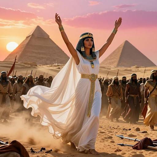 Photograph of a regal Egyptian woman in a flowing white dress and blue headpiece, arms raised, standing before pyramids at sunrise, surrounded by