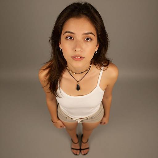 Photograph of a young woman with light brown skin, dark brown hair, wearing a white tank top, beige shorts, black sandals, and two neck