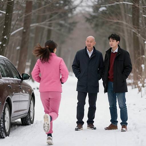 People in Snowy Forest Path