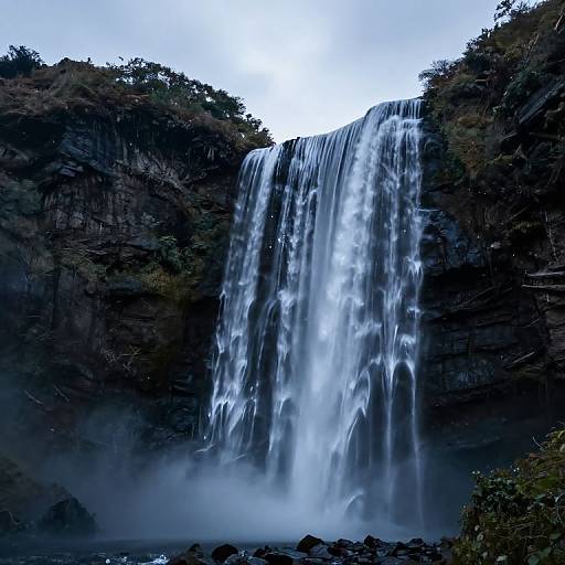 Photograph of a powerful, multi-tiered waterfall cascading down a rocky cliff, surrounded by lush greenery, with mist rising from the base.