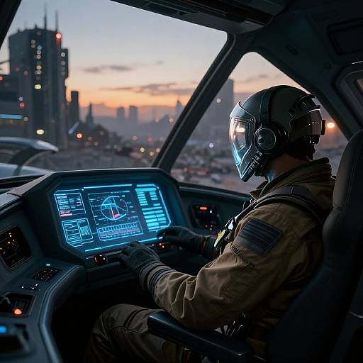 Photograph of a futuristic military pilot in a dark cockpit, wearing a black helmet with a visor, at sunset, with a cityscape and illuminated