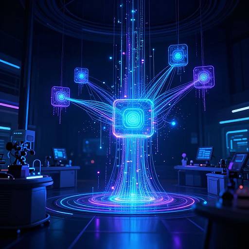 Neon blue digital tree with glowing blue squares, surrounded by luminous lines, in a futuristic, dark room filled with glowing technology.