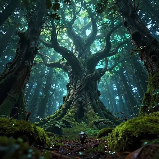 Digital artwork of a mystical forest with a massive, moss-covered tree at center; soft blue light filters through dense foliage. Small, dark figure stands at