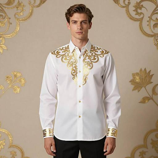 Man Wearing White Shirt with Gold Ornate Patterns