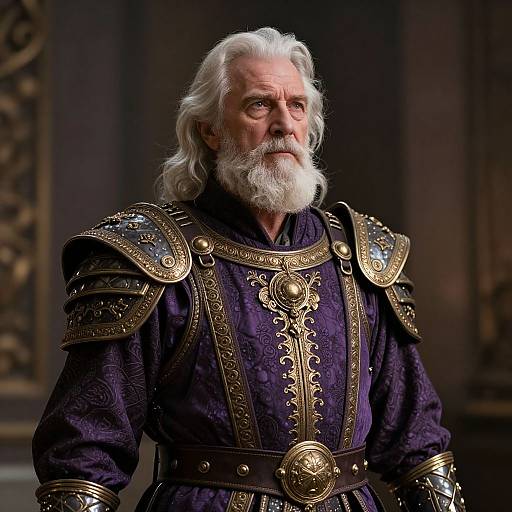 Photograph of an elderly white man with a long white beard, wearing ornate medieval armor and a dark purple, intricately embroidered tunic, standing