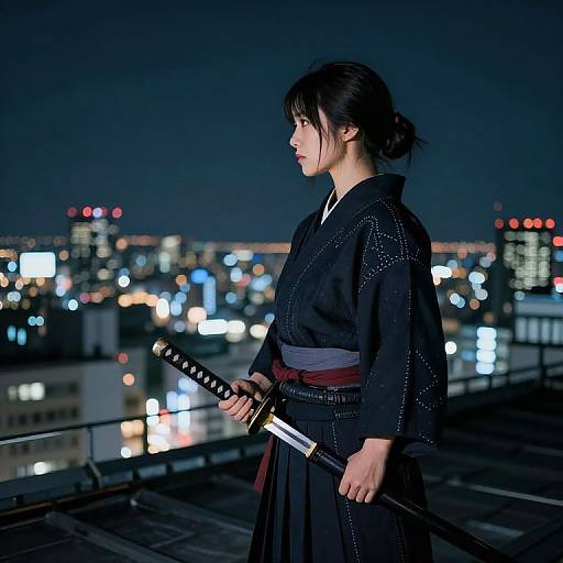 Female Samurai on Rooftop at Night