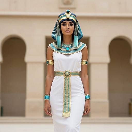 Photograph of a Black woman in an Egyptian-inspired white dress with blue and gold accents, striped headdress, and arm bands, standing in front of