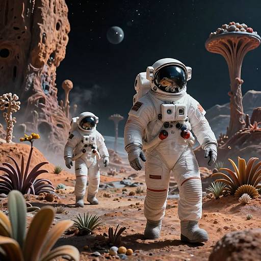 Photorealistic CGI of two astronauts in white space suits walking on a barren, alien planet with red rocks, strange plants, and a distant planet in