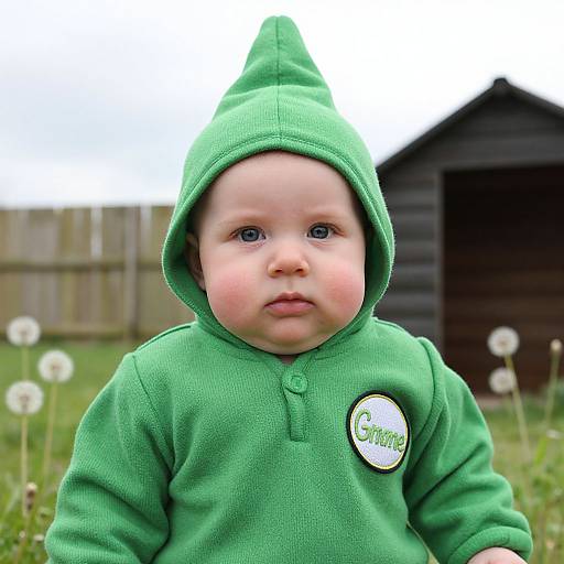 Photograph of a chubby-cheeked baby with fair skin and blue eyes, wearing a green hooded onesie with a 