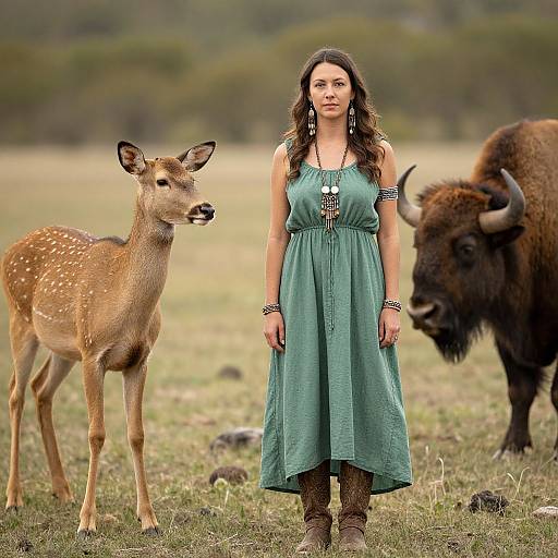 Photograph of a woman in a teal dress standing in a grassy field with a deer on the left and a bison on the right. Natural