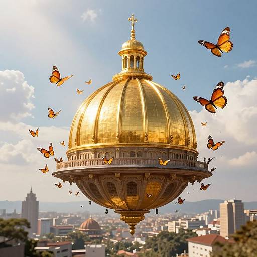 Photograph of a golden dome with intricate details, surrounded by flying orange and black butterflies, set against a bright blue sky and distant urban skyline.