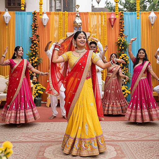Photograph of Indian women in vibrant red and yellow traditional sarees, dancing joyfully in a decorated outdoor setting with yellow flowers and blue-orange curtains.