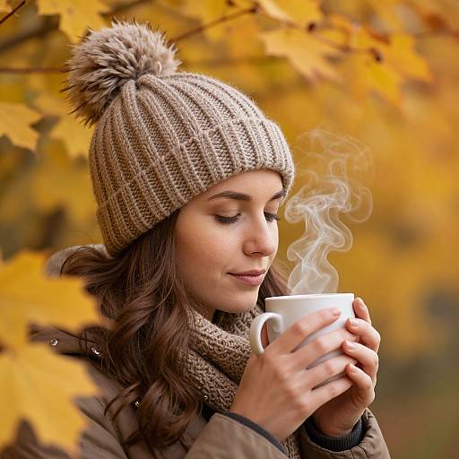 Photograph of a woman with brown hair, wearing a beige knit hat and scarf, holding a steaming white mug, surrounded by autumn leaves.