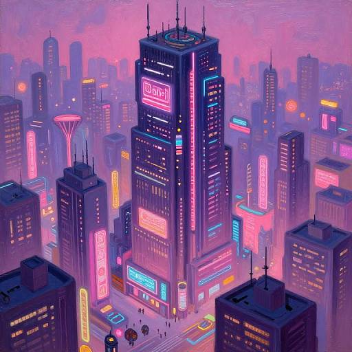 Digital illustration of a neon-lit, futuristic cityscape at dusk. Tall skyscrapers with vibrant pink, blue, and purple lights dominate the scene