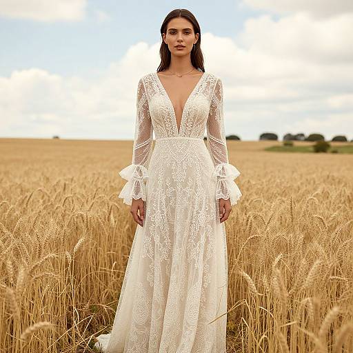 Photograph of a brunette woman with long hair in an elegant, white lace, long-sleeve, V-neck wedding dress standing in a golden wheat