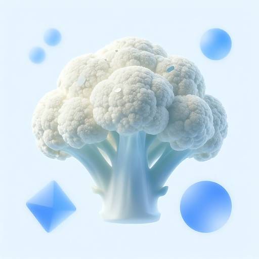 Photorealistic CGI of a white, textured broccoli head with glowing blue bubbles surrounding it against a bright white background.
