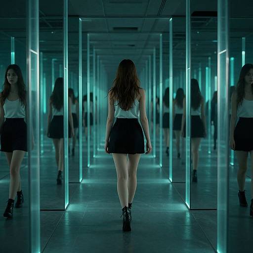 Photograph of a woman with long brown hair, white tank top, black skirt, and boots, walking down a mirrored, neon-lit hallway,