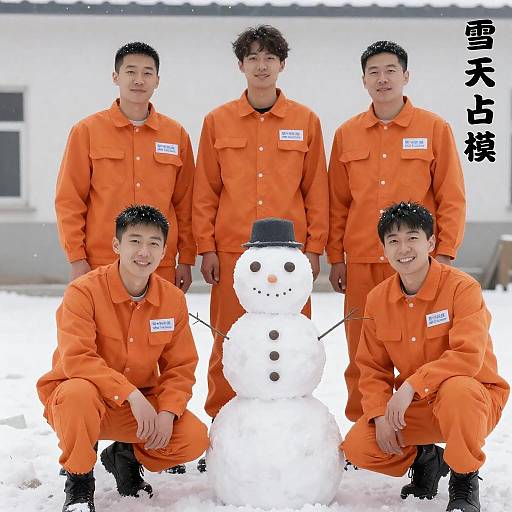 Group of Men Building Snowman in Winter