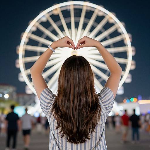 Photograph of a woman with long brown hair, wearing a striped shirt, forming a heart shape with her hands, against a brightly lit Ferris wheel