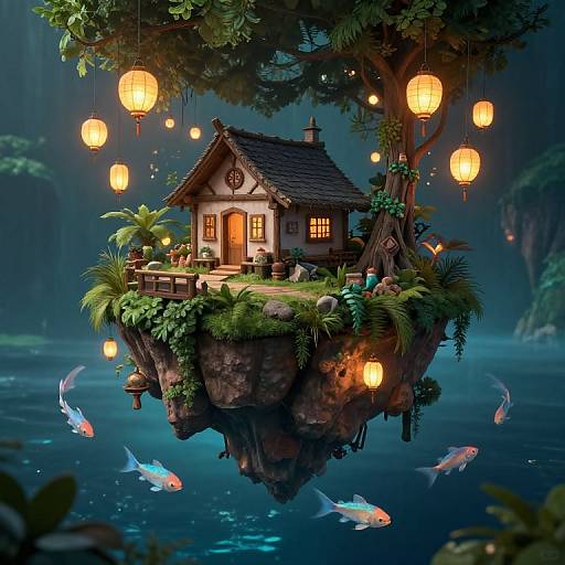 Whimsical digital illustration of a tiny, lantern-lit wooden house on a floating rock above a serene, moonlit lake with glowing fish and lush