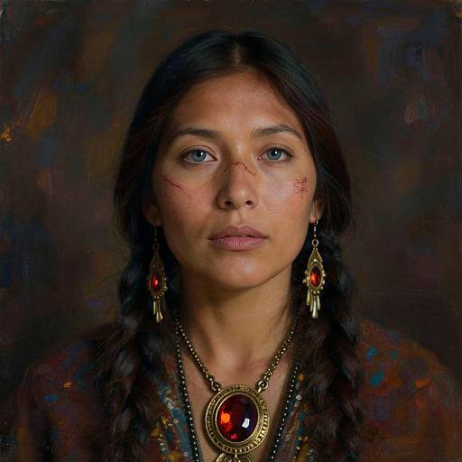 Photograph of a Native American woman with braided black hair, wearing red earrings, a necklace with a red gemstone, and scarred face,