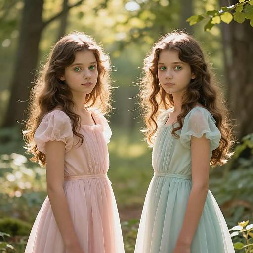 Photograph of two young girls with long, wavy brown hair in pastel dresses, standing in a sunlit forest; soft, ethereal lighting