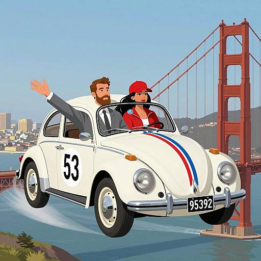 Vintage Beetle Racing Above Iconic Bridge