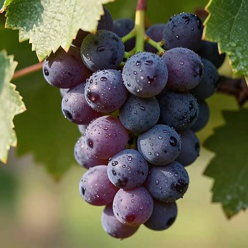 Photograph of a plump, dark purple grape cluster with dewdrops, surrounded by green leaves, capturing natural sunlight and texture.