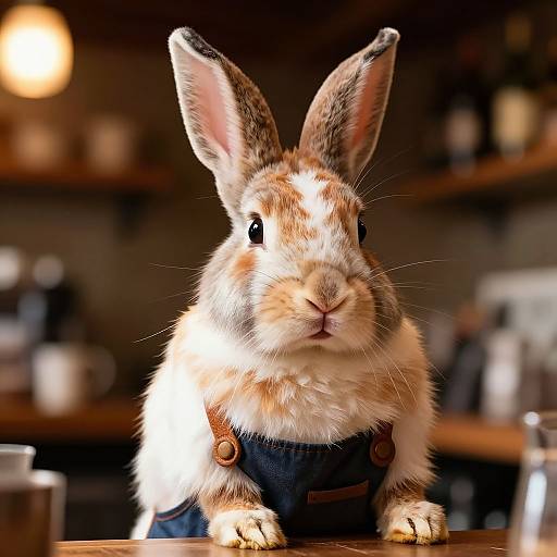 Photograph of a cute, fluffy brown and white rabbit with large ears, wearing blue overalls, standing on a wooden table in a warmly lit,