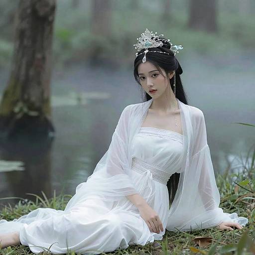 Photograph of an East Asian woman with long black hair, wearing a white dress and sheer robe, crown, seated by a misty forest lake.