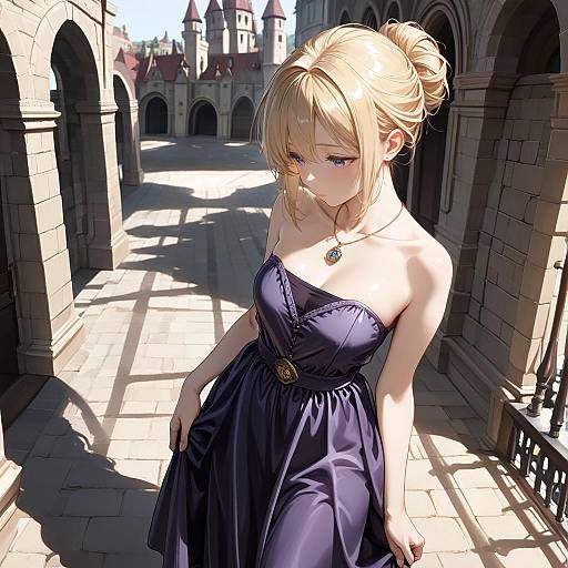 Blonde Woman in Purple Dress on Castle Balcony