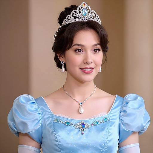 Photograph of a young Asian woman with fair skin, dark hair in an updo, wearing a silver tiara, light blue satin gown with p