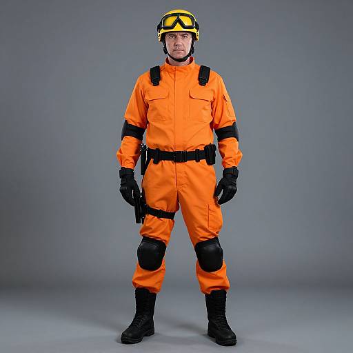 Photograph of a Caucasian man in bright orange firefighter gear, black gloves, knee pads, and helmet, standing against a plain gray background.