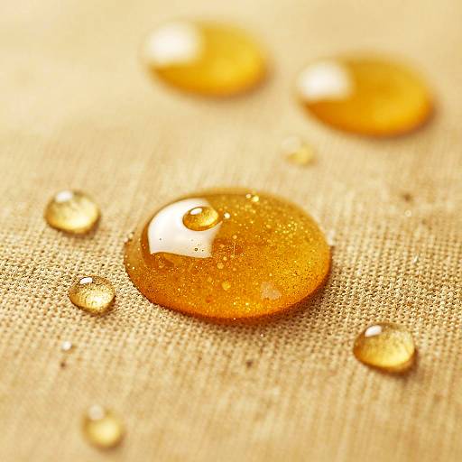Close-up photograph of golden, glistening honey droplets on a textured, beige fabric background, with blurred droplets in the background.