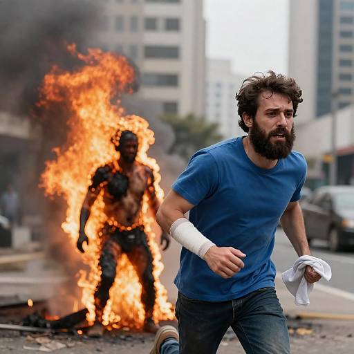 Distressed Man Escaping Urban Inferno