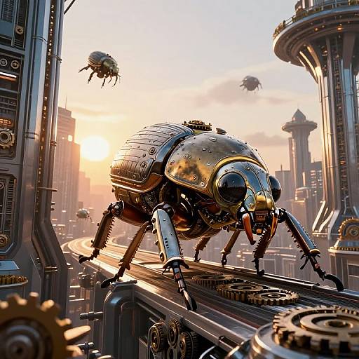 CGI steampunk scene: A metallic, spider-like robot with a glossy dome and mechanical legs stands on a rail, surrounded by flying insects and