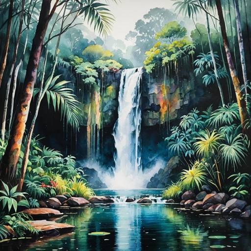 Watercolor Painting of Misty Jungle Waterfall Watercolor Painting of Misty Jungle Waterfall
