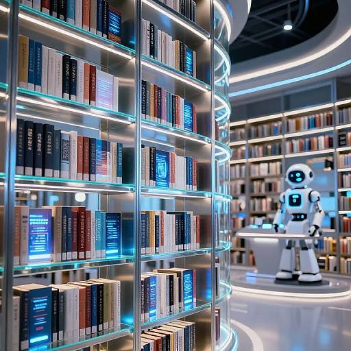Photograph of a modern library with illuminated shelves, books, and a futuristic robot standing on a circular platform.