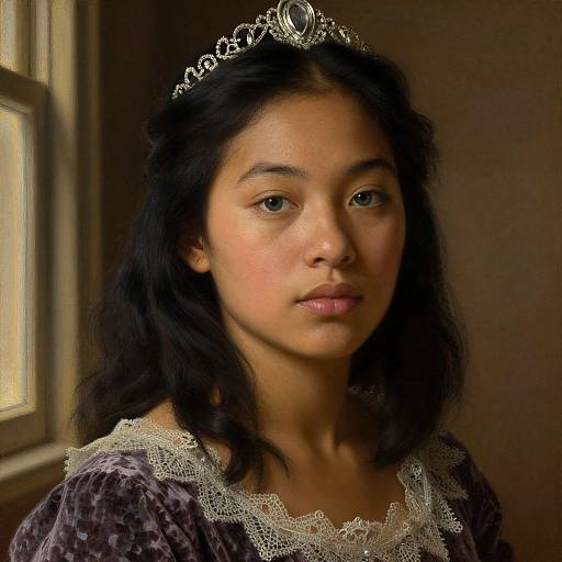 Photograph of a young woman with dark hair, wearing a silver tiara and a lace-trimmed, purple velvet dress, standing near a sun