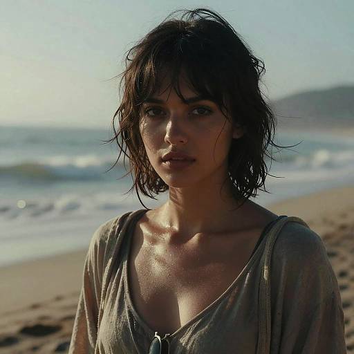 Photograph of a wet-haired, dark-haired woman with fair skin in a damp, loose gray shirt standing on a sandy beach with waves in the background