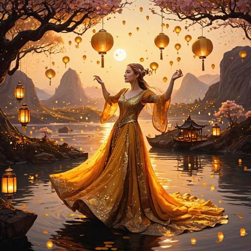 Elven Princess Dancing with Lanterns at Sunset