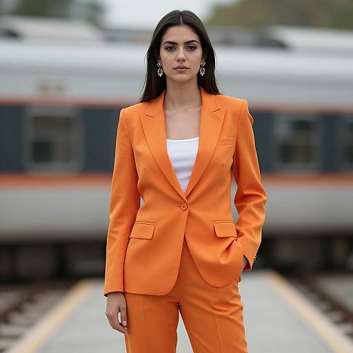 Photograph of a confident woman with long black hair, wearing an orange blazer and white top, standing on a train platform with a blurred train in