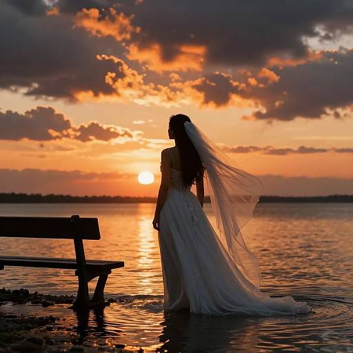 Silhouetted bride in flowing white gown and veil stands in shallow water at sunset, with a wooden bench to the left.