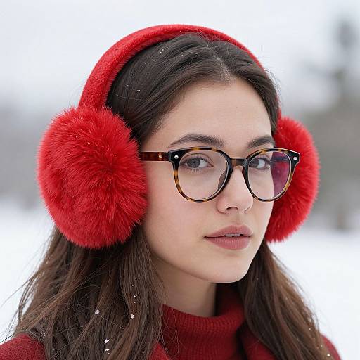 Photograph of a young woman with fair skin, brown eyes, and long dark hair wearing a red pom-pom ear hat and glasses, against a