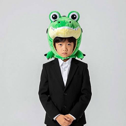 Young Boy in Plush Alligator Costume Hat