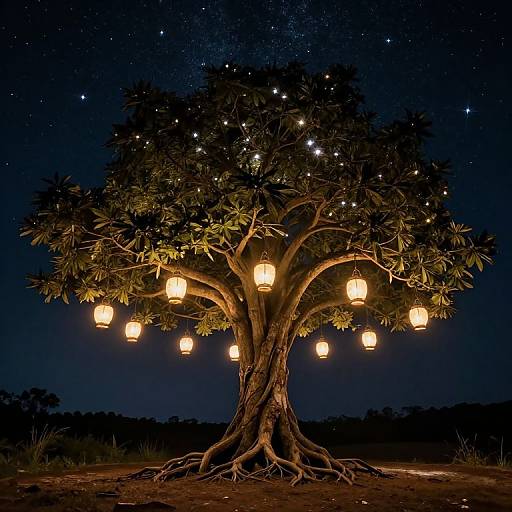Photograph of a tree at night with glowing lanterns hanging from its branches, set against a starry sky.